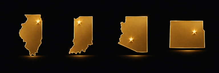 Gold map icons of Illinois, Indiana, Arizona and Colorado showing Uthe Investigations & Process Service service regions.