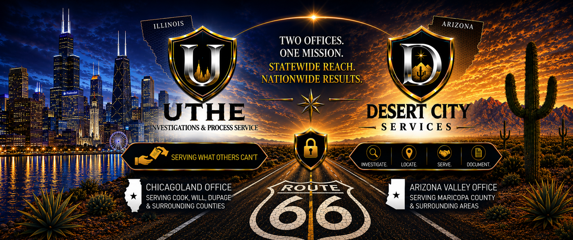 Route 66 themed banner for Uthe Investigations & Process Service featuring Illinois skyline, Arizona desert imagery, and statewide nationwide litigation support branding.