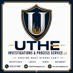 Uthe Investigations logo featuring metallic shield emblem with silver “U,” Chicago skyline accents, and navy, black, and gold investigative branding