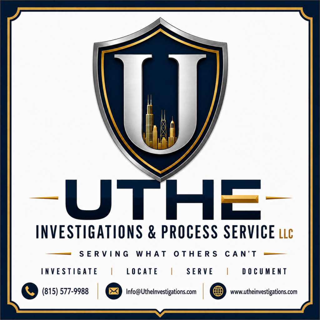 Uthe Investigations logo featuring metallic shield emblem with silver “U,” Chicago skyline accents, and navy, black, and gold investigative branding