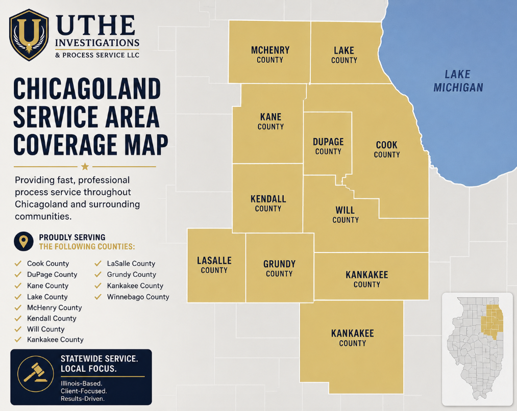 Process service coverage map Illinois – Uthe Investigations & Process Service LLC serving Will, Kendall, Grundy, DuPage, and Kankakee County