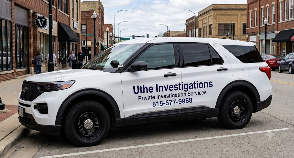 A white Ford Explorer that reads Uthe Investigations