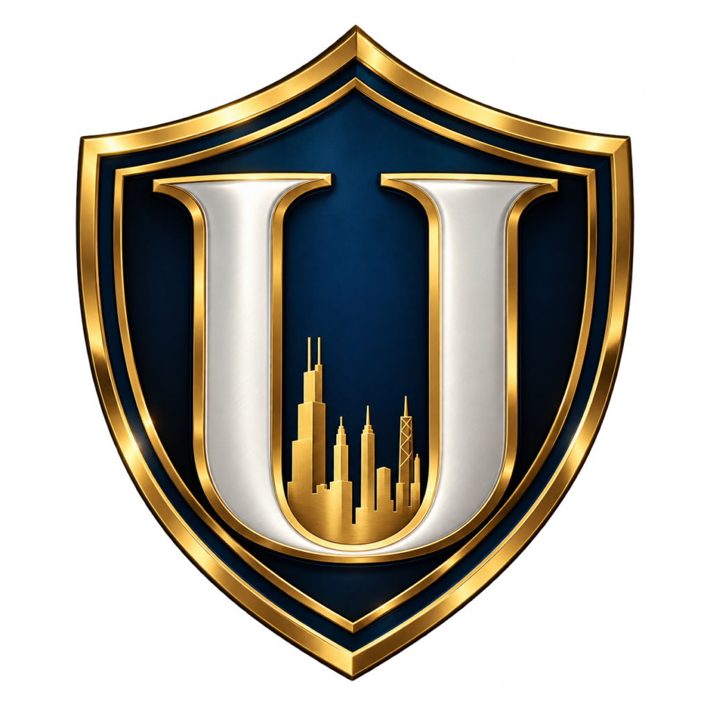 Uthe Investigations & Process Service shield logo with gold, silver, and dark blue design